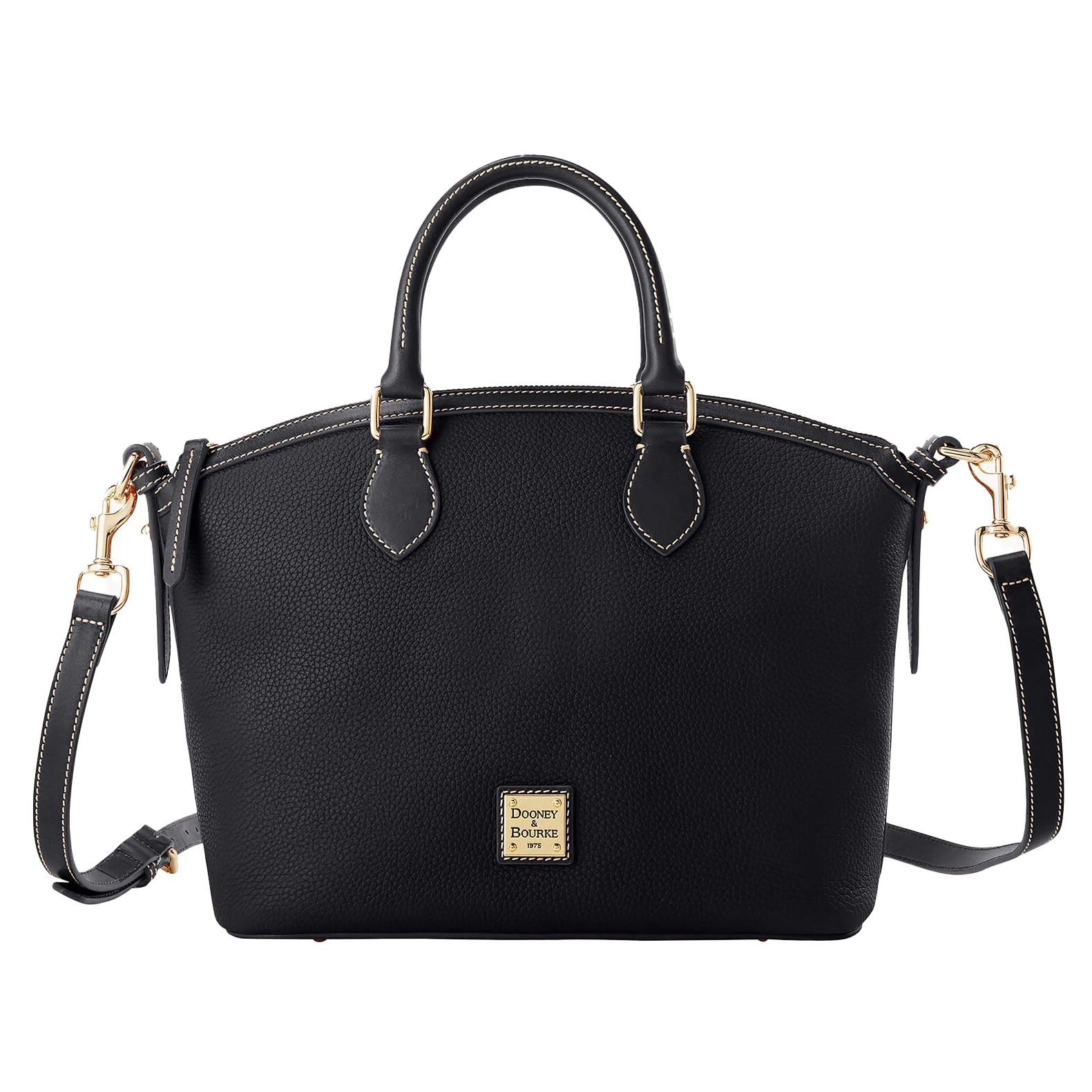 Black Dooney & Bourke Pebble Leather Bag featuring dual handles, a removable shoulder strap, gold-tone hardware, and a stitched logo emblem on front.