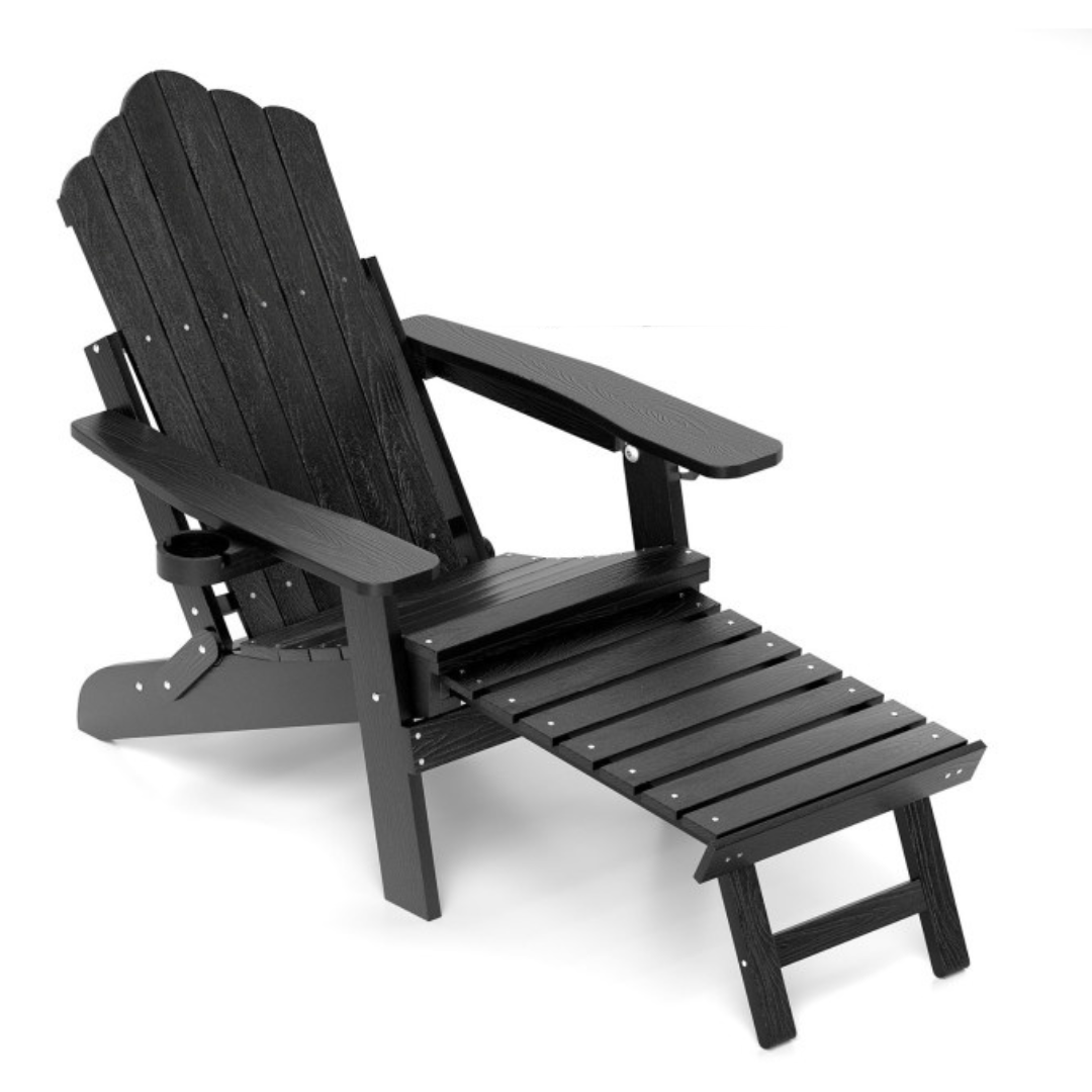 Black all-weather Adirondack lounger with a fold-out footrest, contoured seat, and wide armrests.