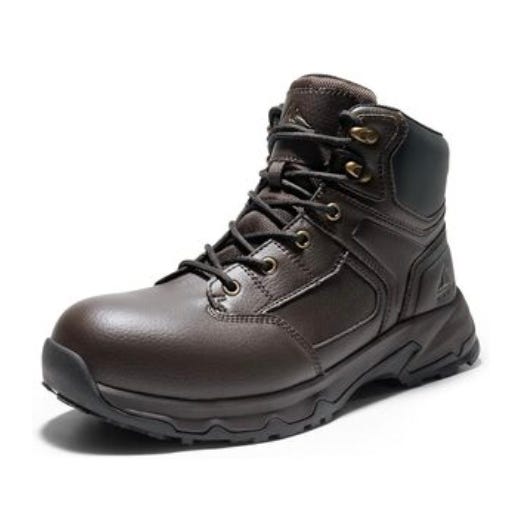 Men's brown non-slip work boots with sturdy rubber soles, lace-up design, metal eyelets, and ankle support, suitable for safety and durability in various work environments.