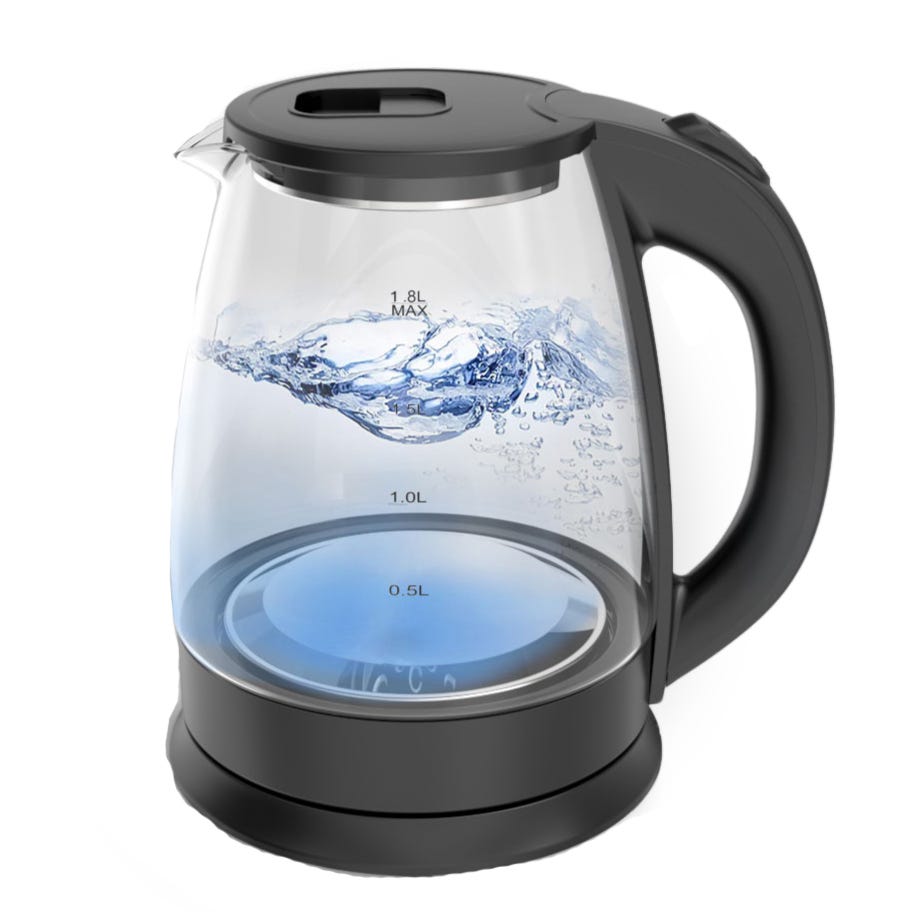 This is a transparent electric kettle with a black handle and base, featuring water level marks and a blue light at the bottom.