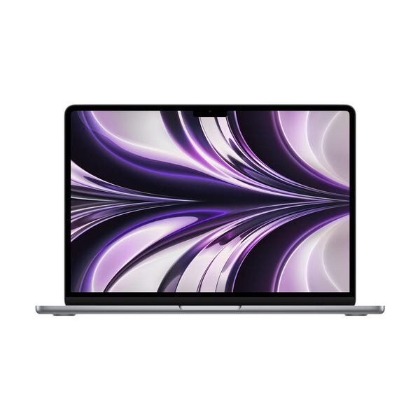 13\“ MacBook Air with a sleek, ultra-thin design, featuring a vibrant display with slim bezels and a distinctive notch. The screen displays a purple and white abstract pattern.