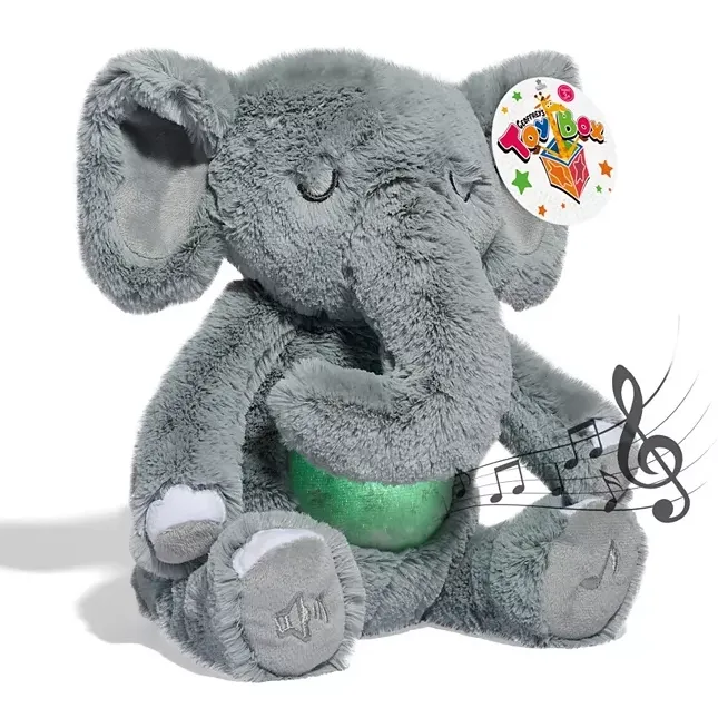 A plush elephant with musical notes indicating it may play a tune when interacted with.