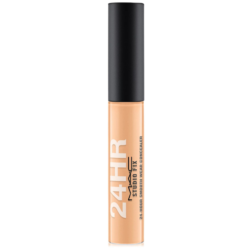 MAC Studio Fix 24-Hour Smooth Wear Concealer with a black cap and a skin-tone shade, featuring \“24HR\“ text.