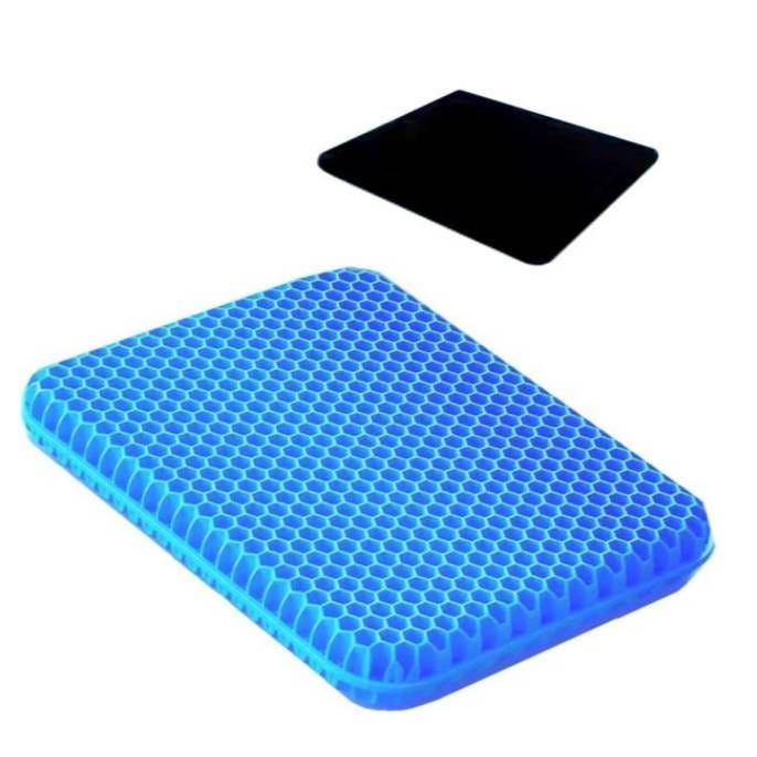 A blue honeycomb-patterned gel seat cushion and a plain black square mat.
