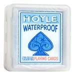 A pack of Hoyle Waterproof Clear Playing Cards is displayed in a white plastic case with blue text emphasizing the waterproof and clear nature of the cards.