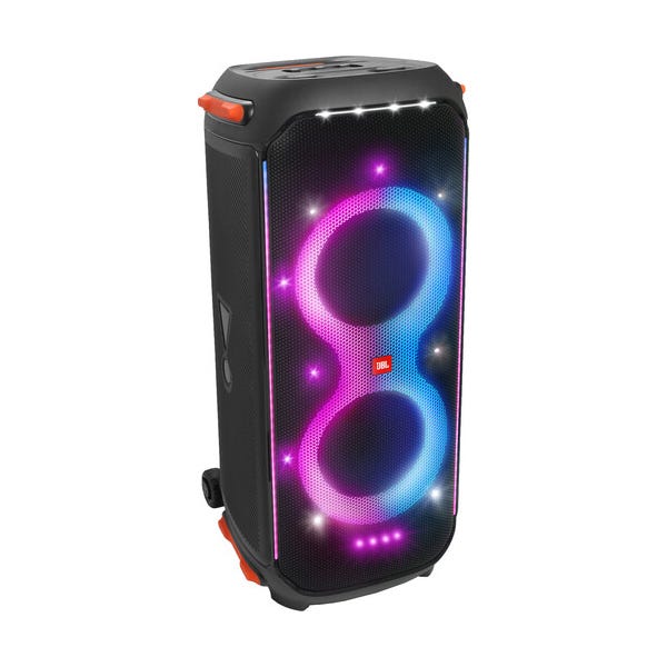 A portable speaker with vibrant, colorful lighting effects shaped like an infinity symbol, featuring a black exterior with red accents.