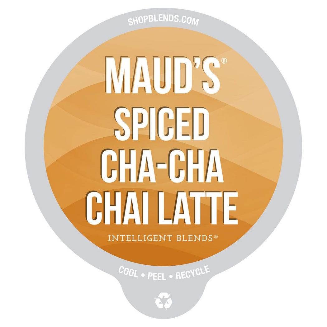 Maud's Spiced Cha-Cha Chai Latte by Intelligent Blends is featured, with instructions to cool, peel, and recycle.