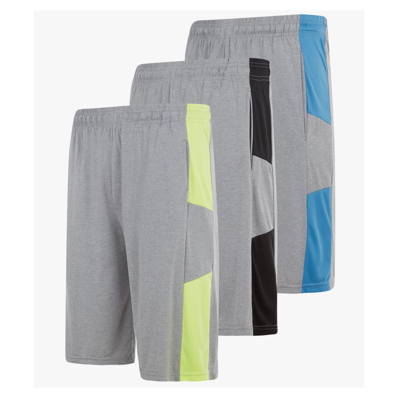 Three pairs of men's athletic shorts in gray with different colored accents: yellow, black, and blue.