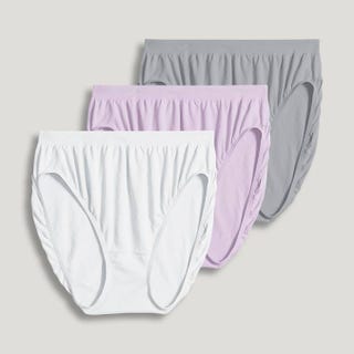 Three pairs of women's brief-style underwear in white, lavender, and gray.