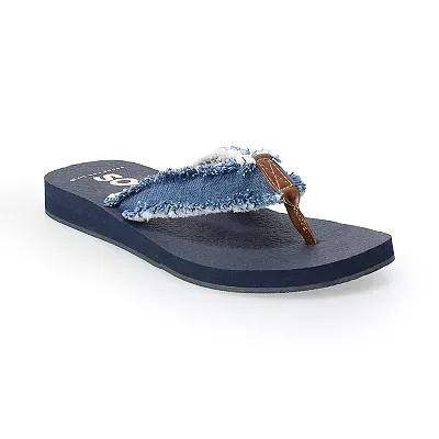 Navy blue flip-flop with a frayed denim strap and a brown faux leather thong.