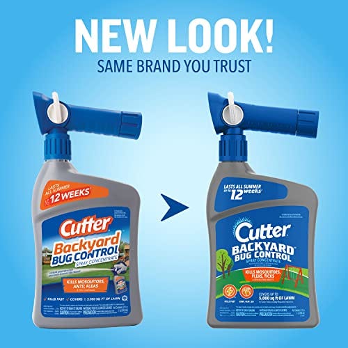 Two bottles of Cutter Backyard Bug Control Spray are shown, one with an old design and one with a new design, both blue and white with a spray nozzle, claiming 12 weeks of mosquito protection.