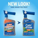 Two bottles of Cutter Backyard Bug Control Spray are shown, one with an old design and one with a new design, both blue and white with a spray nozzle, claiming 12 weeks of mosquito protection.
