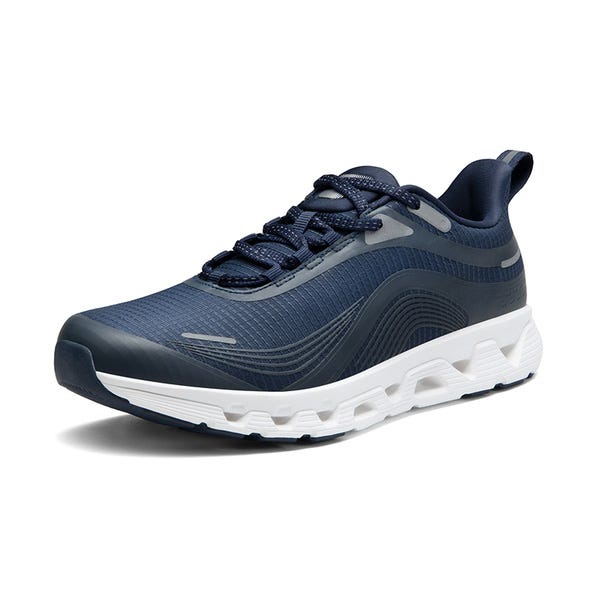 A single dark blue athletic sneaker with white sole.