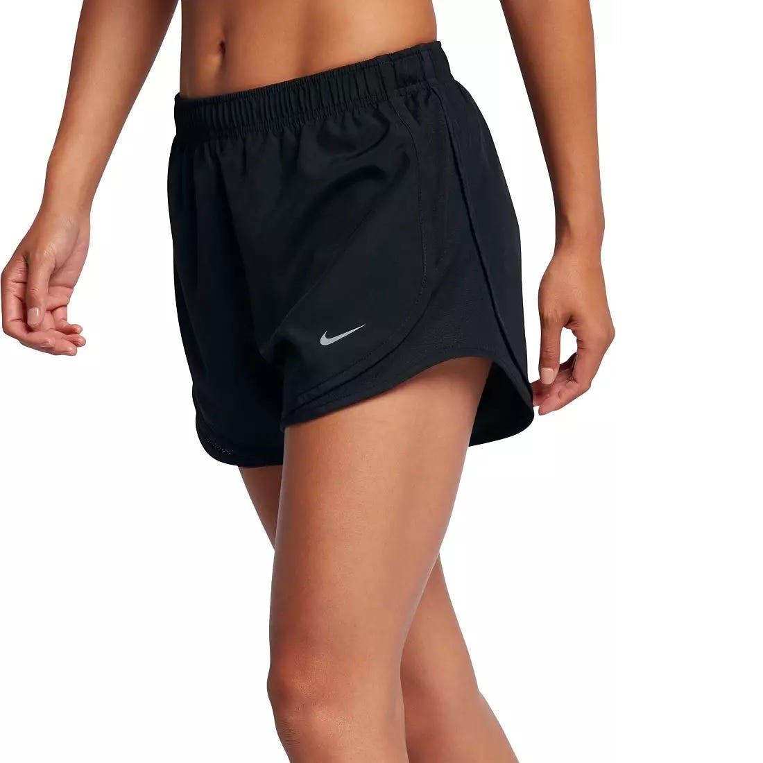 Black Nike athletic shorts with an elastic waistband and side slits, featuring the Nike logo.