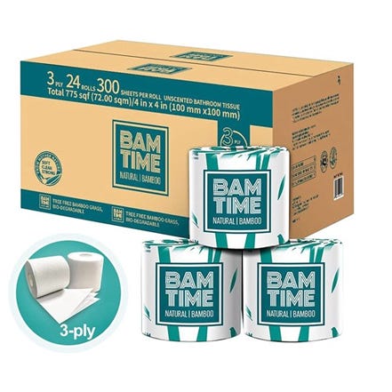 A box and rolls of Bam Time 3-ply natural bamboo toilet tissue.