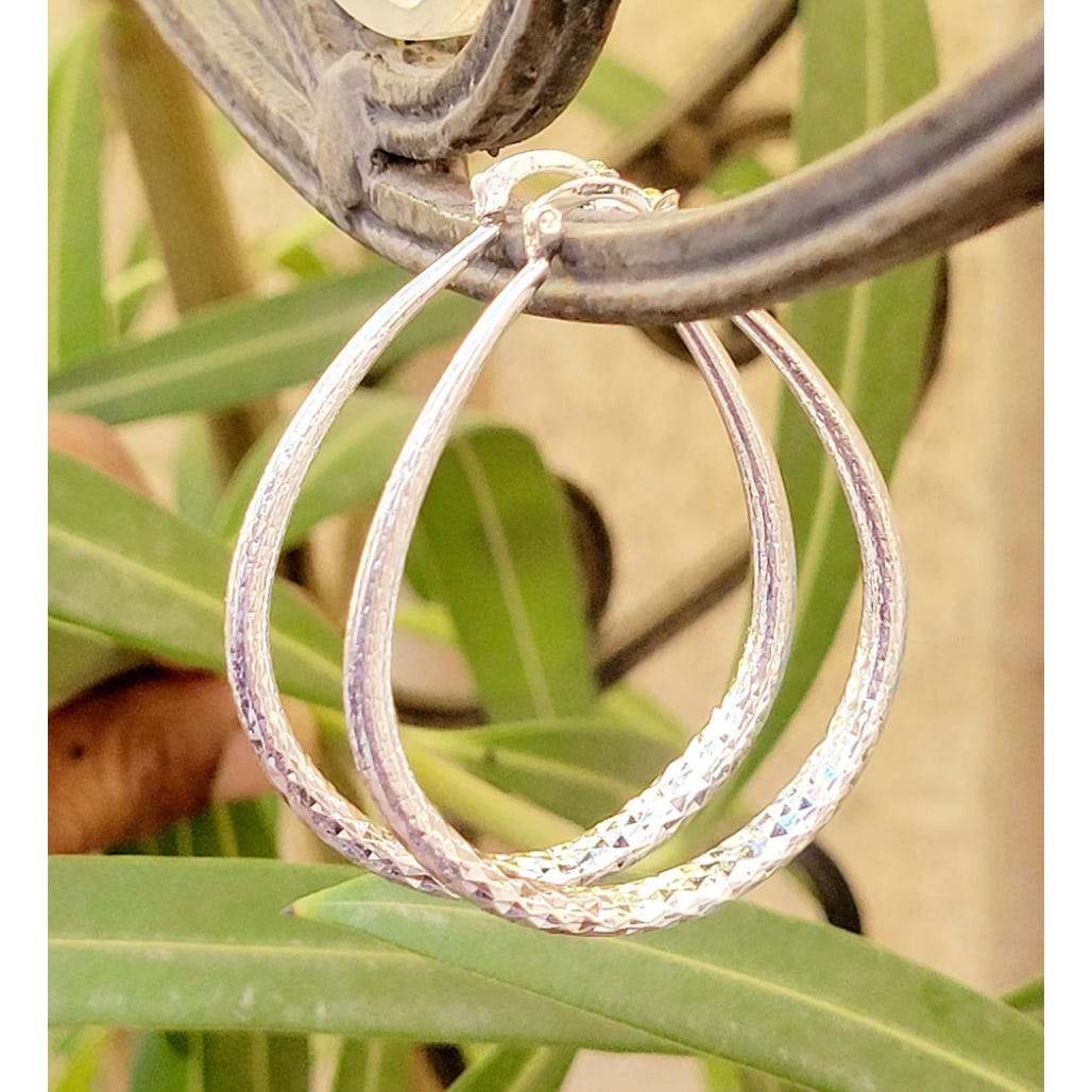 Silver-tone double hoop earrings with a textured, faceted surface, hanging from a black curved metal rod, with green leaves in the background.