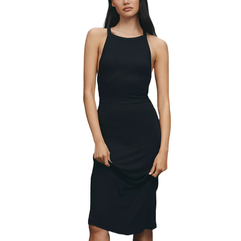 A woman is wearing a black halter-neck dress with a fitted silhouette and knee-length hem.