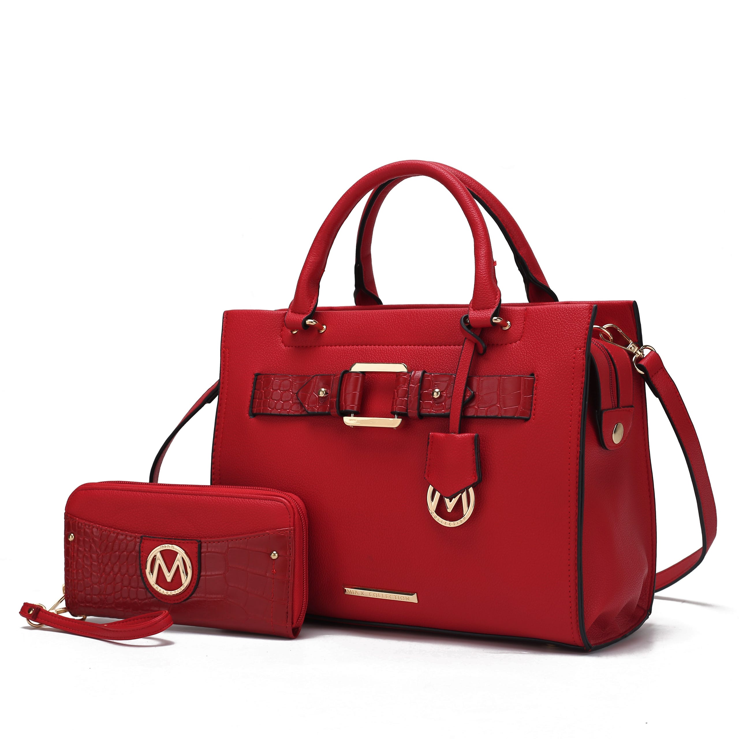 A red handbag with a textured belt buckle design and a matching red wallet with a wrist strap.