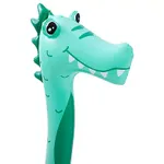 This is a pool noodle designed to look like a sea dragon with a smiling face, big eyes, and jagged white teeth along its top edge.