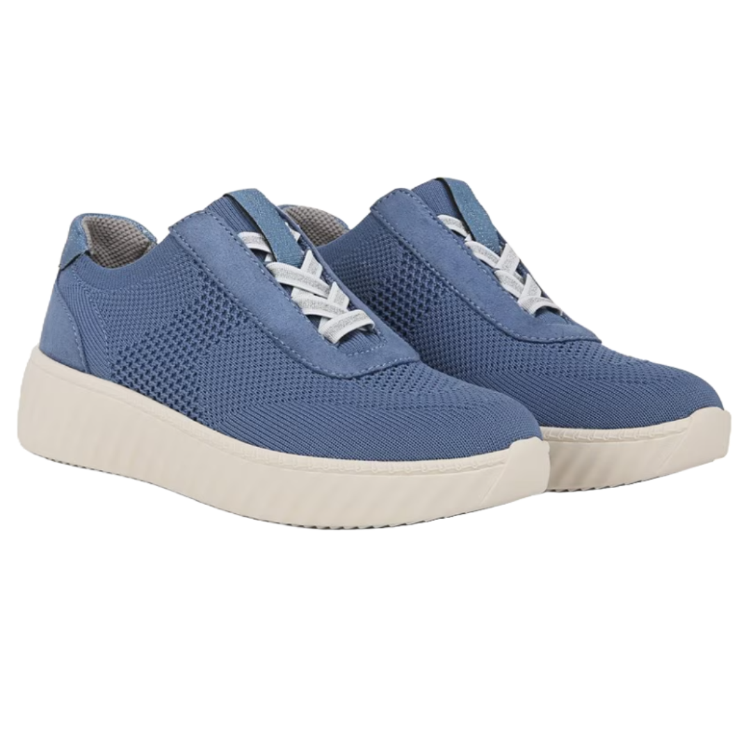 Blue LifeStride Wanderer Sneakers with a textured knit upper, featuring white elastic laces and a thick, light-colored sole for casual comfort.