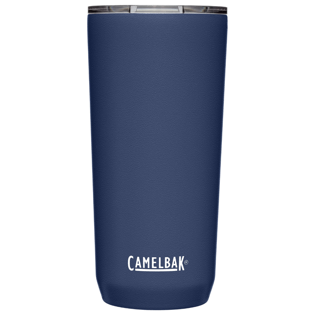 A blue Camelbak 20oz tumbler with a textured finish and clear lid, featuring the brand logo printed in white near the base.
