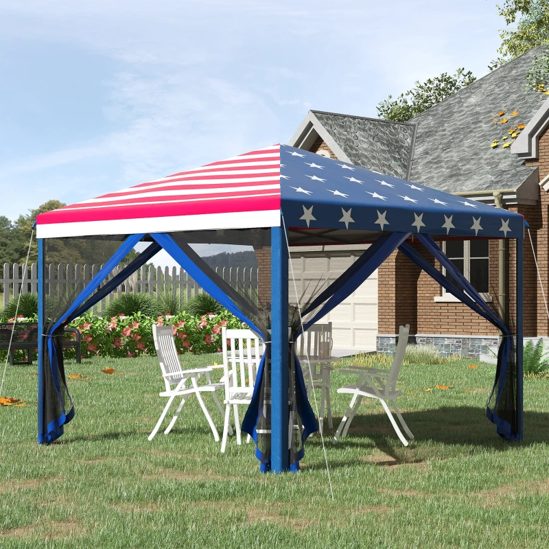 A canopy with an American flag design, accompanied by a white folding chair set on a lawn.