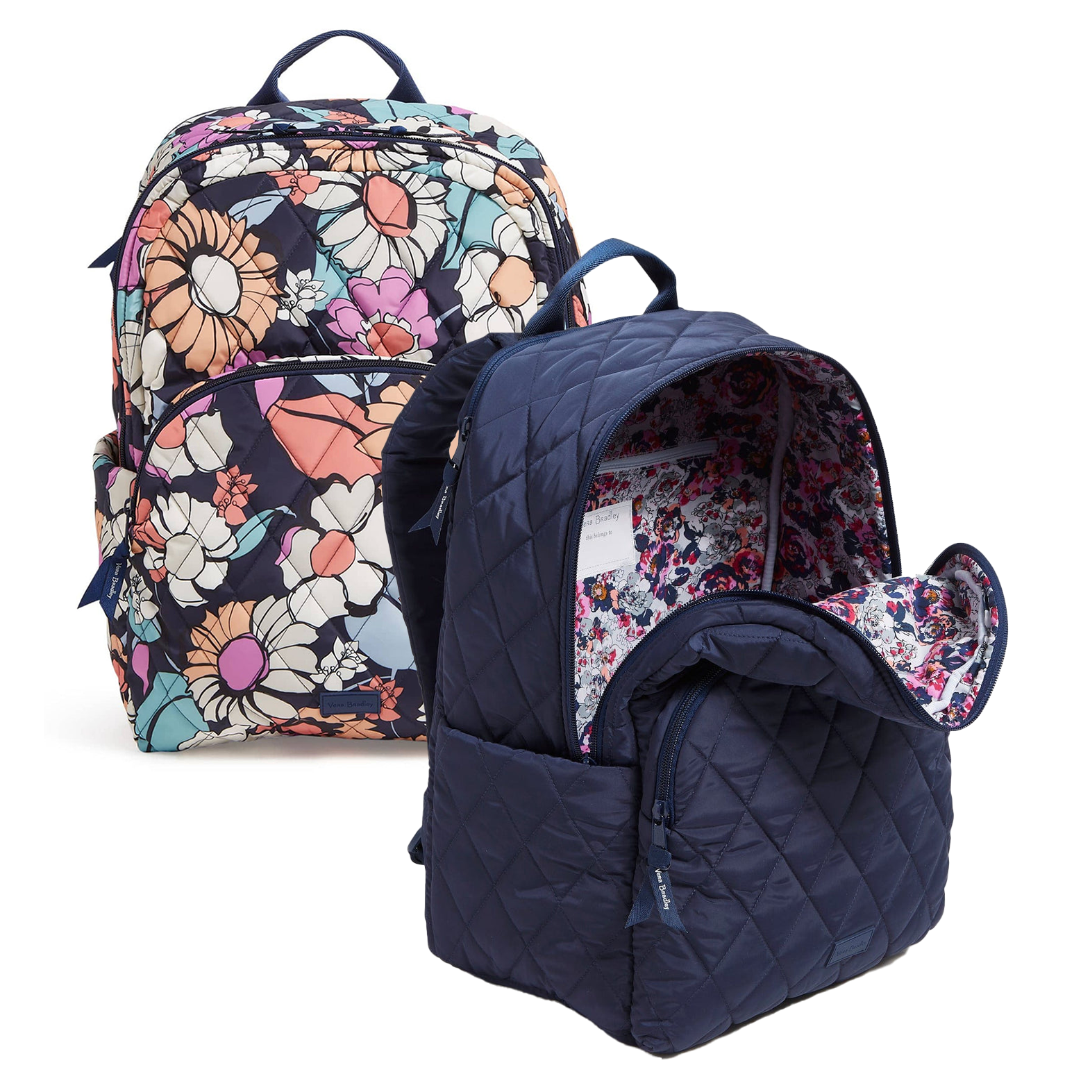 Two backpacks with quilted design; one features a floral pattern and the other is solid navy, both with front pockets and zipped compartments.