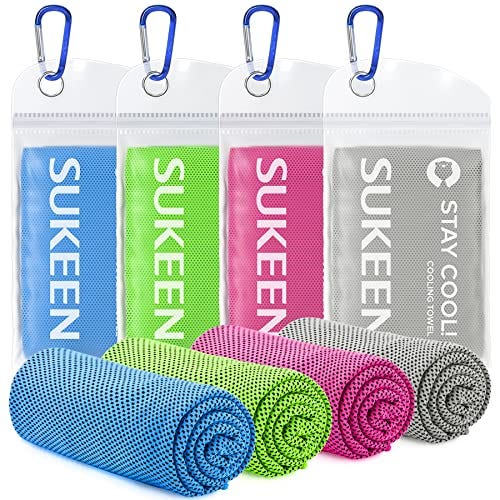Four rolled-up cooling towels in blue, green, pink, and gray, each with its own clear plastic carrying case and carabiner clip.