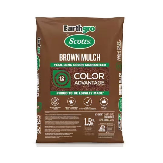 Earthgro by Scotts Brown Mulch, featuring year-long color guarantee with \“Color Advantage\“. Benefits include preventing weeds, conserving soil moisture, reducing erosion, and being easy to apply. Volume: 1.5 cu. ft.