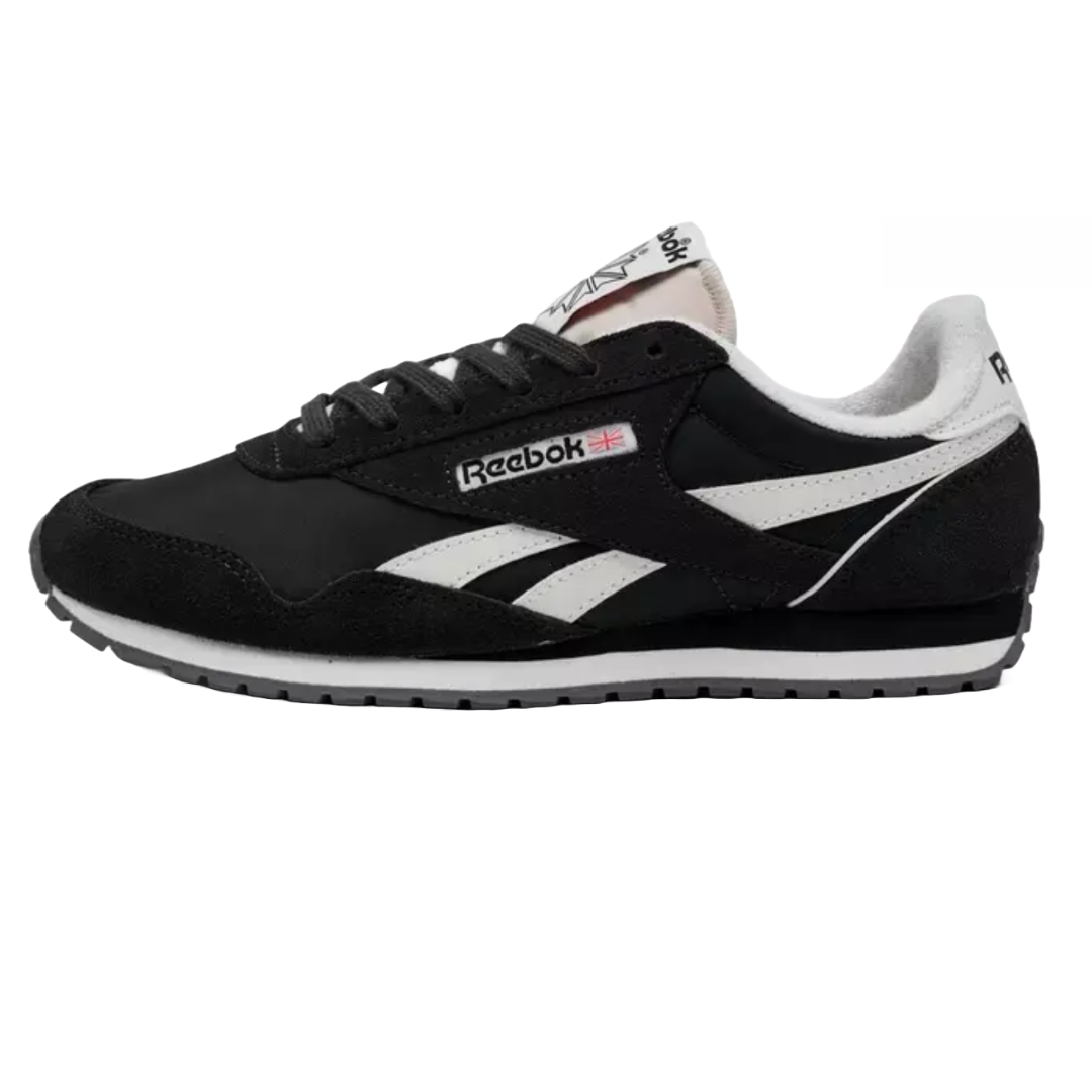 Reebok Classic AZ Casual Shoes feature a black suede and nylon upper with white stripes and branding, offering a retro running style. They have a low-cut design with a cushioned sole for comfort and a durable rubber outsole for traction.