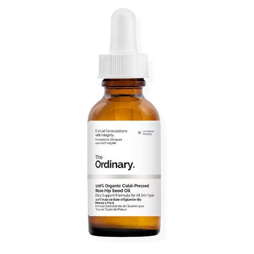 The Ordinary 100% Organic Cold-Pressed Rose Hip Seed Oil, for daily support for all skin types, in a brown dropper bottle.