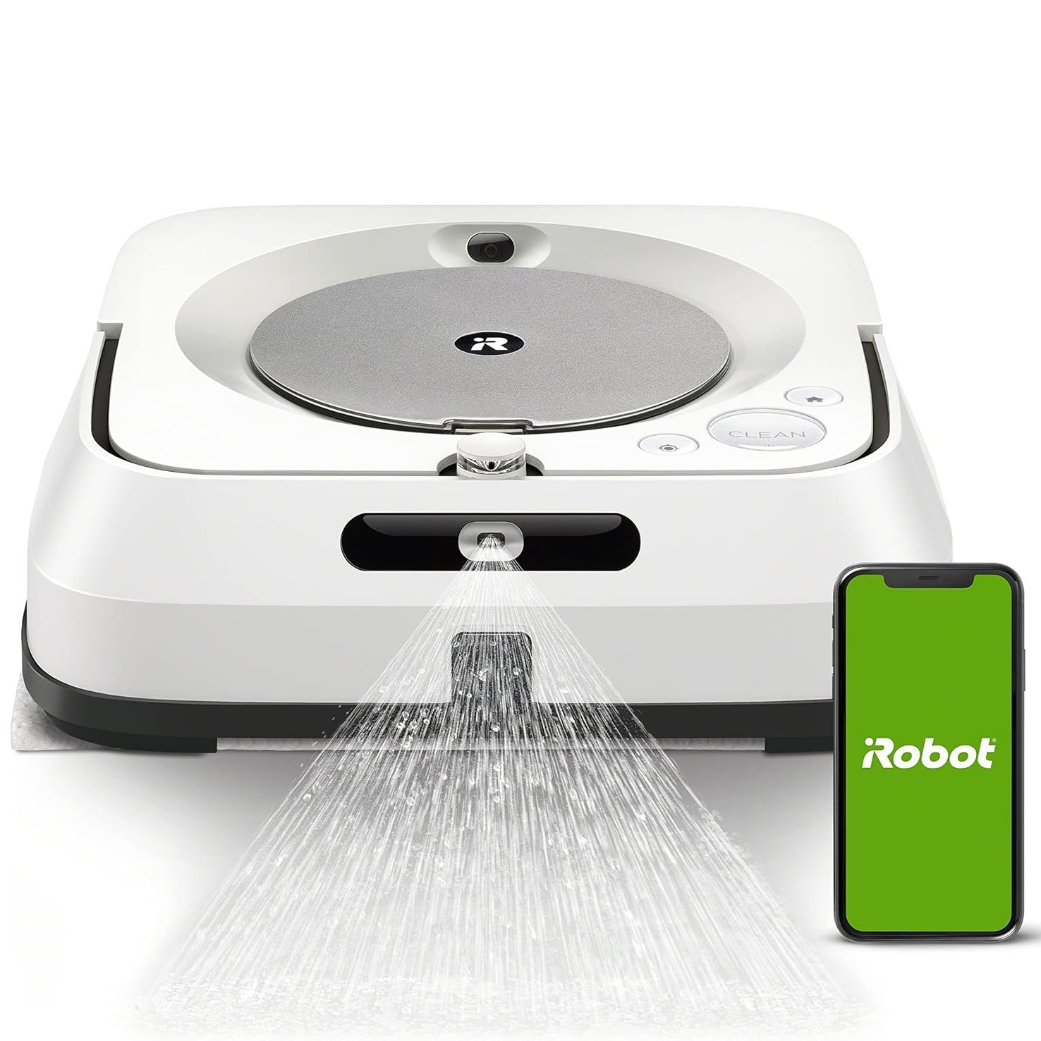 Robot mop with direct spray feature and a smartphone displaying the iRobot app for remote control.