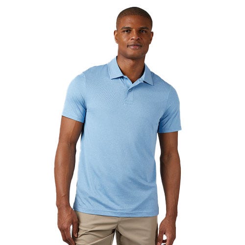A man wearing a light blue short-sleeve polo shirt with a collar and beige pants.