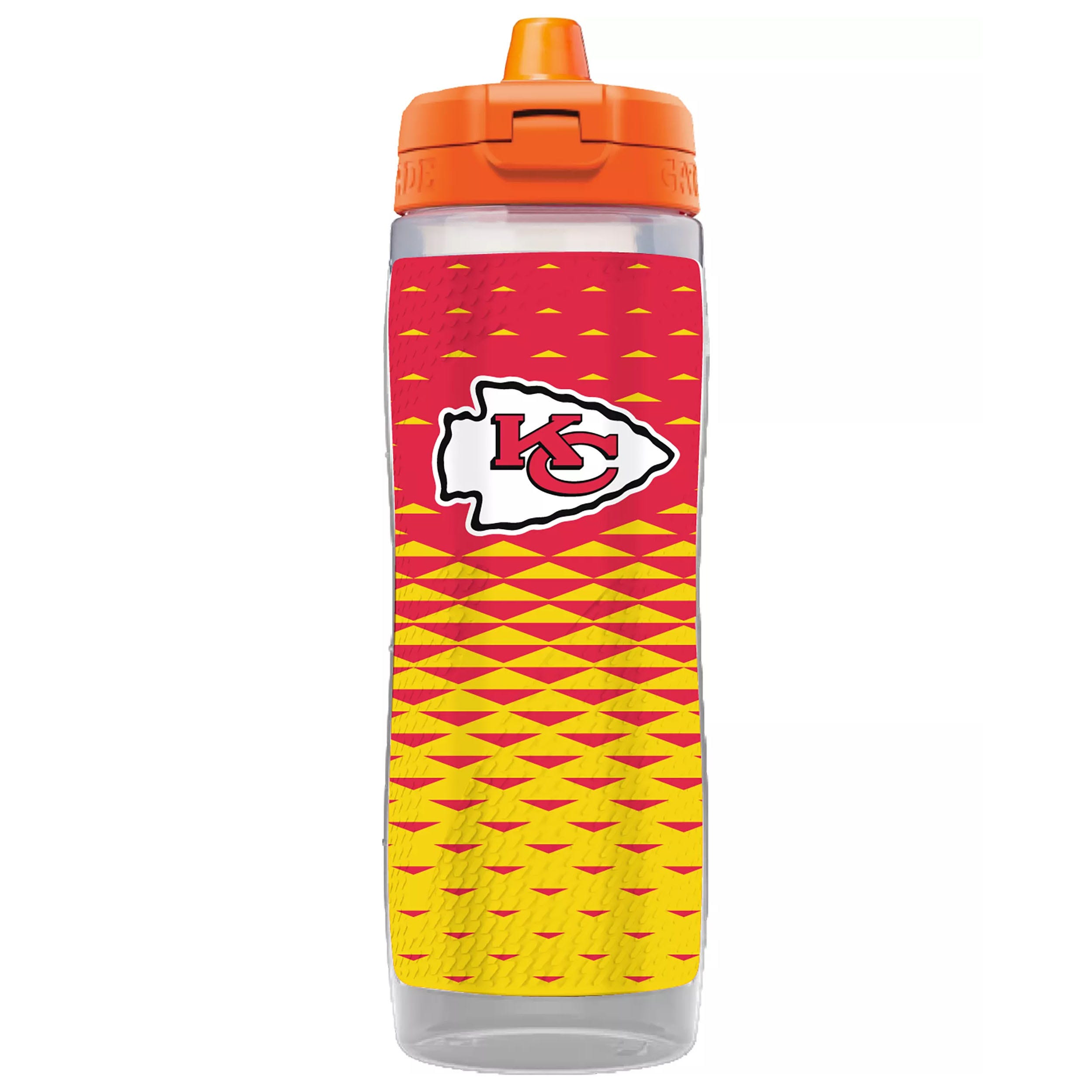 A Gatorade GX bottle featuring the Kansas City Chiefs logo, with a red and yellow design and an orange cap, designed for personalization.
