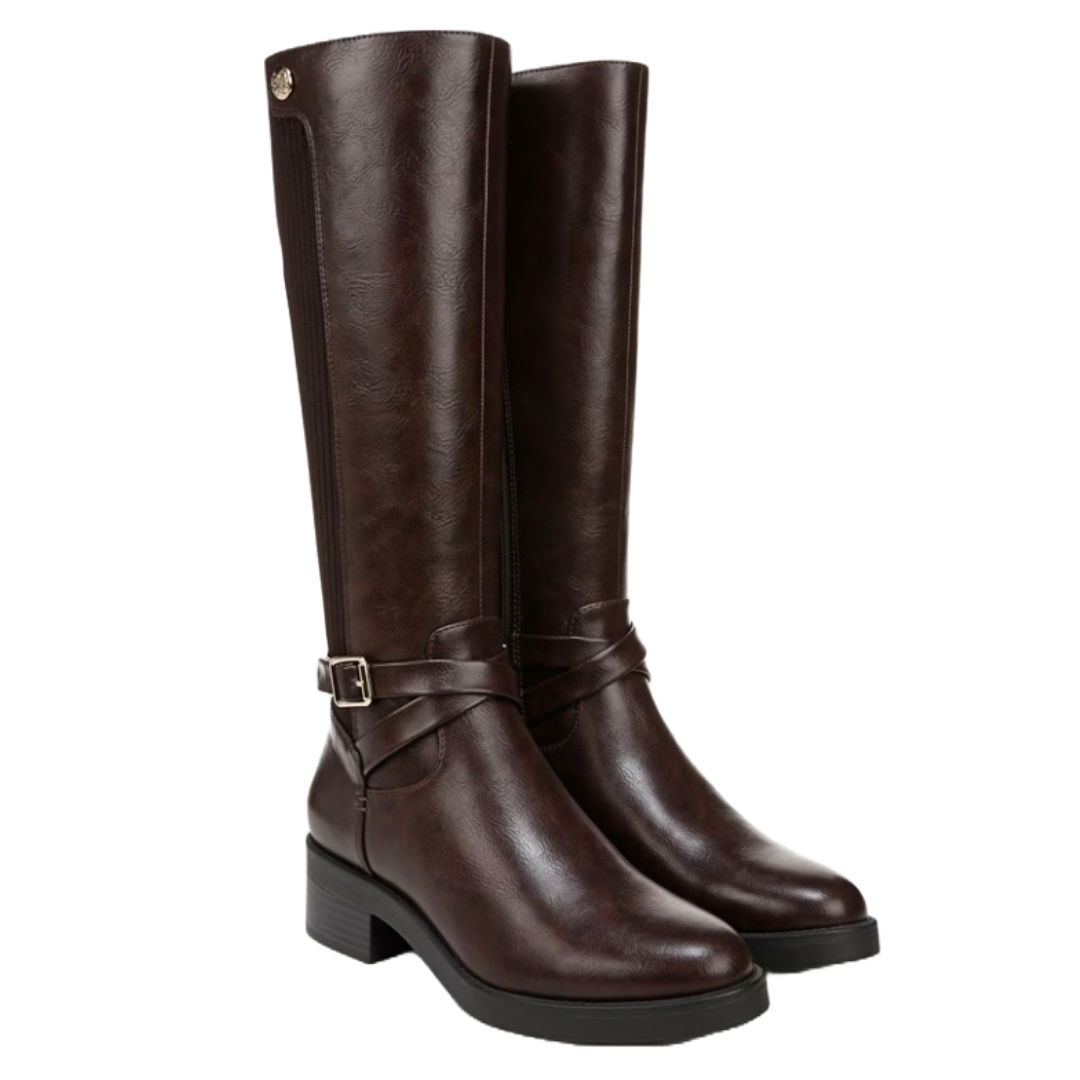 Brown LifeStride knee-high boots with a smooth finish, low block heel, and buckle detail around the ankle.