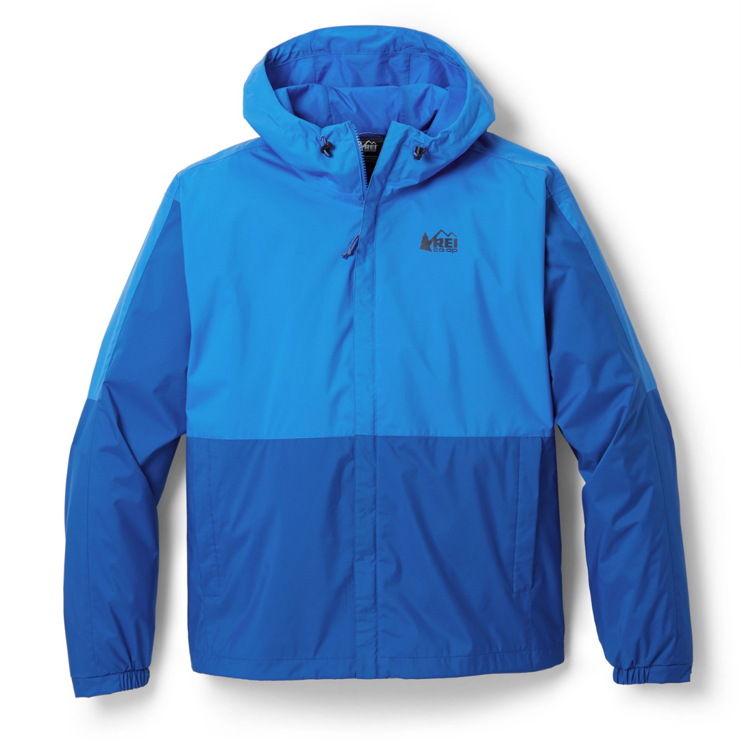 Blue REI Co-op rain jacket with a drawstring hood and elastic cuffs.