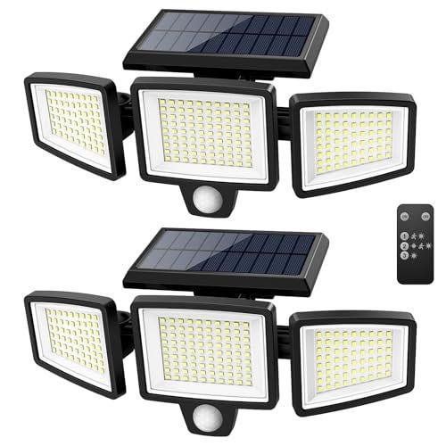 Four LED solar lights with motion sensors are mounted on adjustable arms; a solar panel sits atop each unit, and a remote control is also shown.