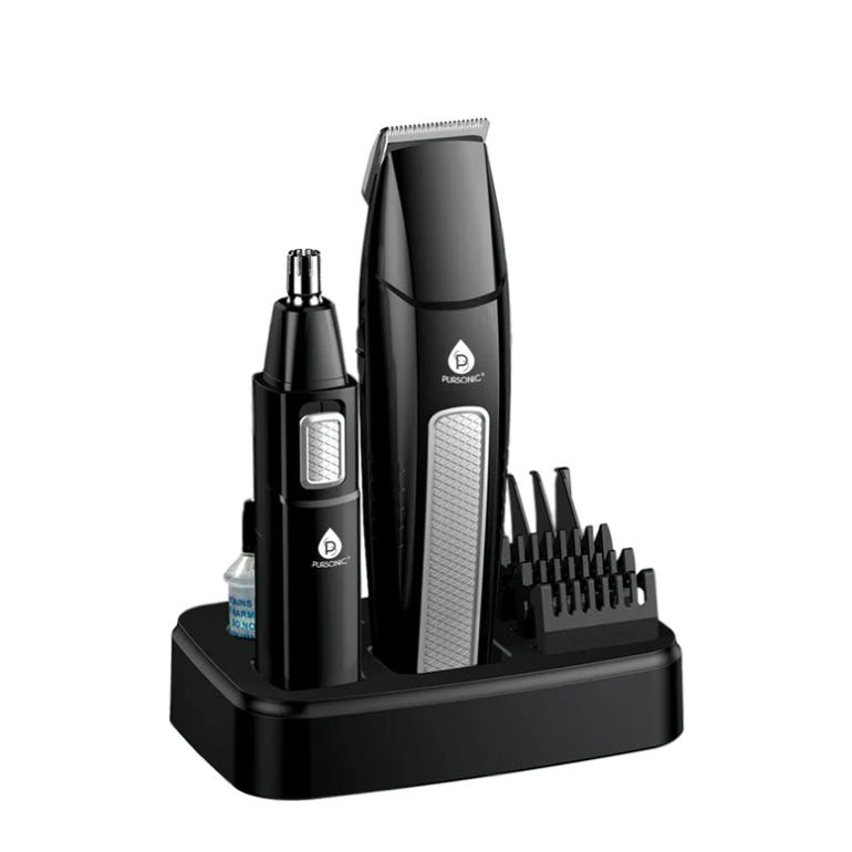 The Pursonic Men's Grooming Set includes a hair trimmer, nose hair trimmer, various comb attachments, and a bottle of oil, all organized in a sleek black stand.