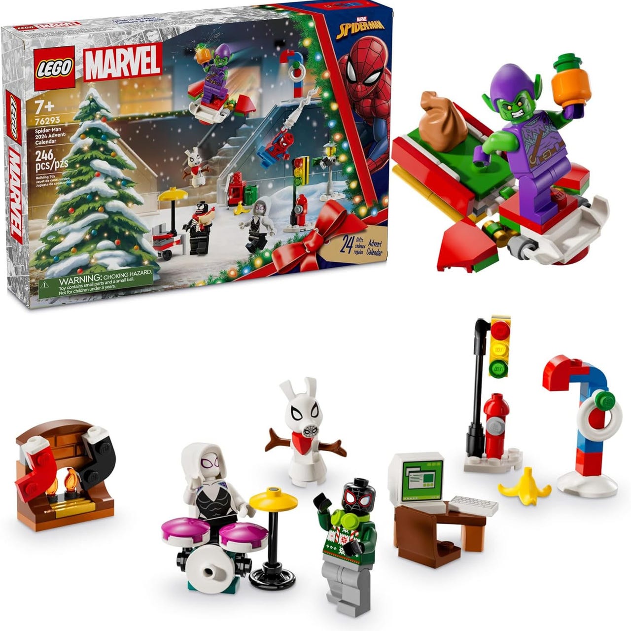 LEGO Marvel Spider-Man Advent Calendar (76293) includes 24 gifts, with minifigures, a sled, musical instruments, traffic light, computer, fire hydrant, and holiday-themed accessories. Suitable for ages 7 and up with 246 pieces total.