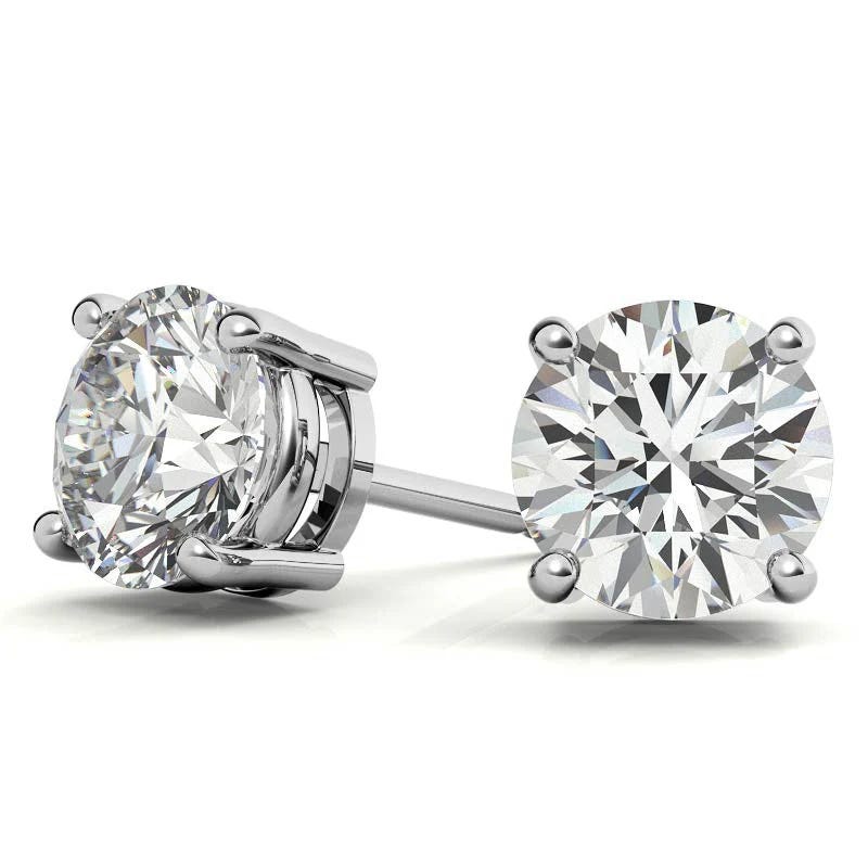 4ct AGI-Certified lab diamond studs featuring round-cut diamonds set in a four-prong setting, mounted on a metal stud backing for a classic and elegant look.