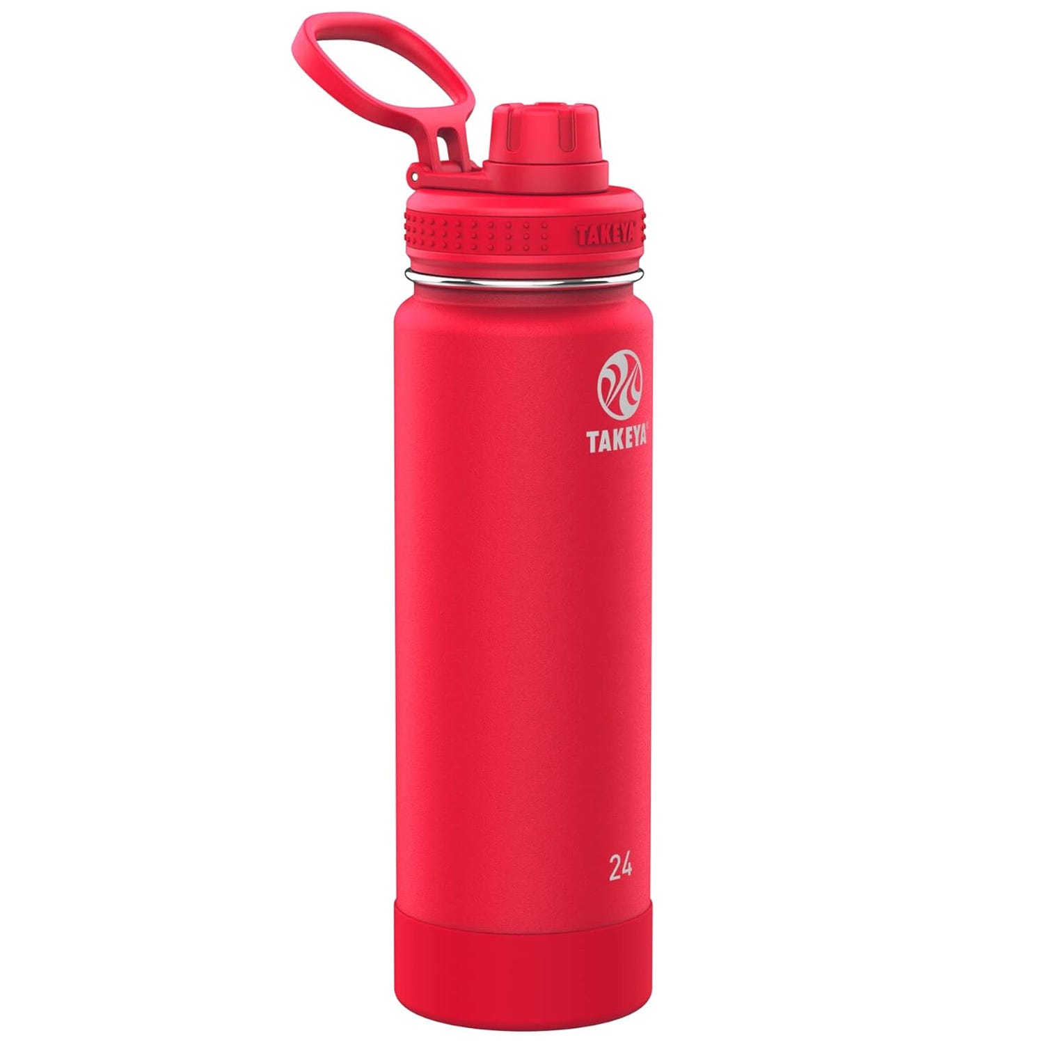 Red Takeya insulated water bottle with a spout lid and a carrying handle, displaying a 24-ounce capacity.