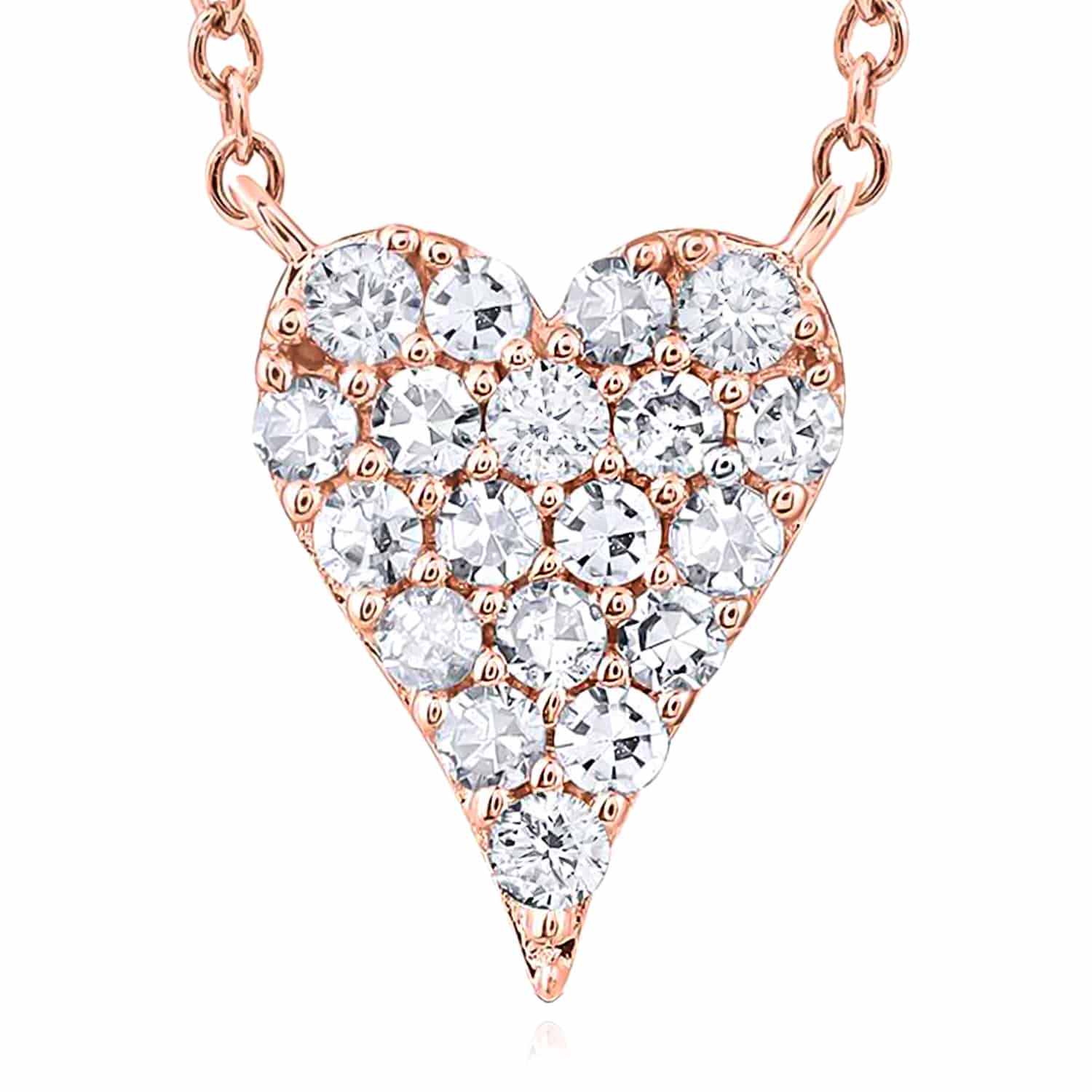 A rose gold heart necklace adorned with multiple round, sparkling diamonds, creating a clustered effect. The chain is delicate, complementing the elegant and luxurious design.