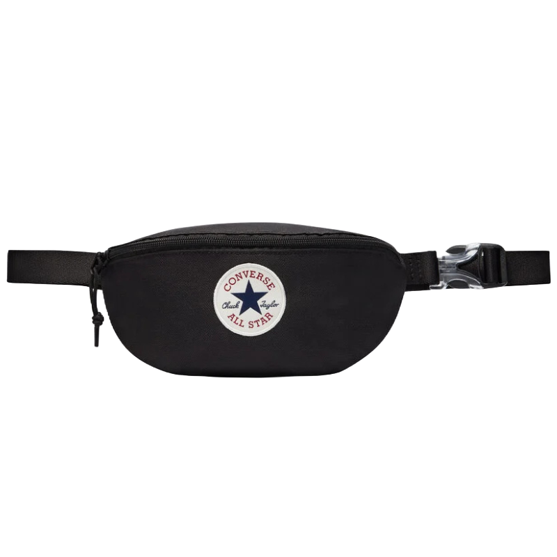 A black Converse All Star fanny pack featuring the Chuck Taylor logo, with an adjustable strap and a zipper closure.