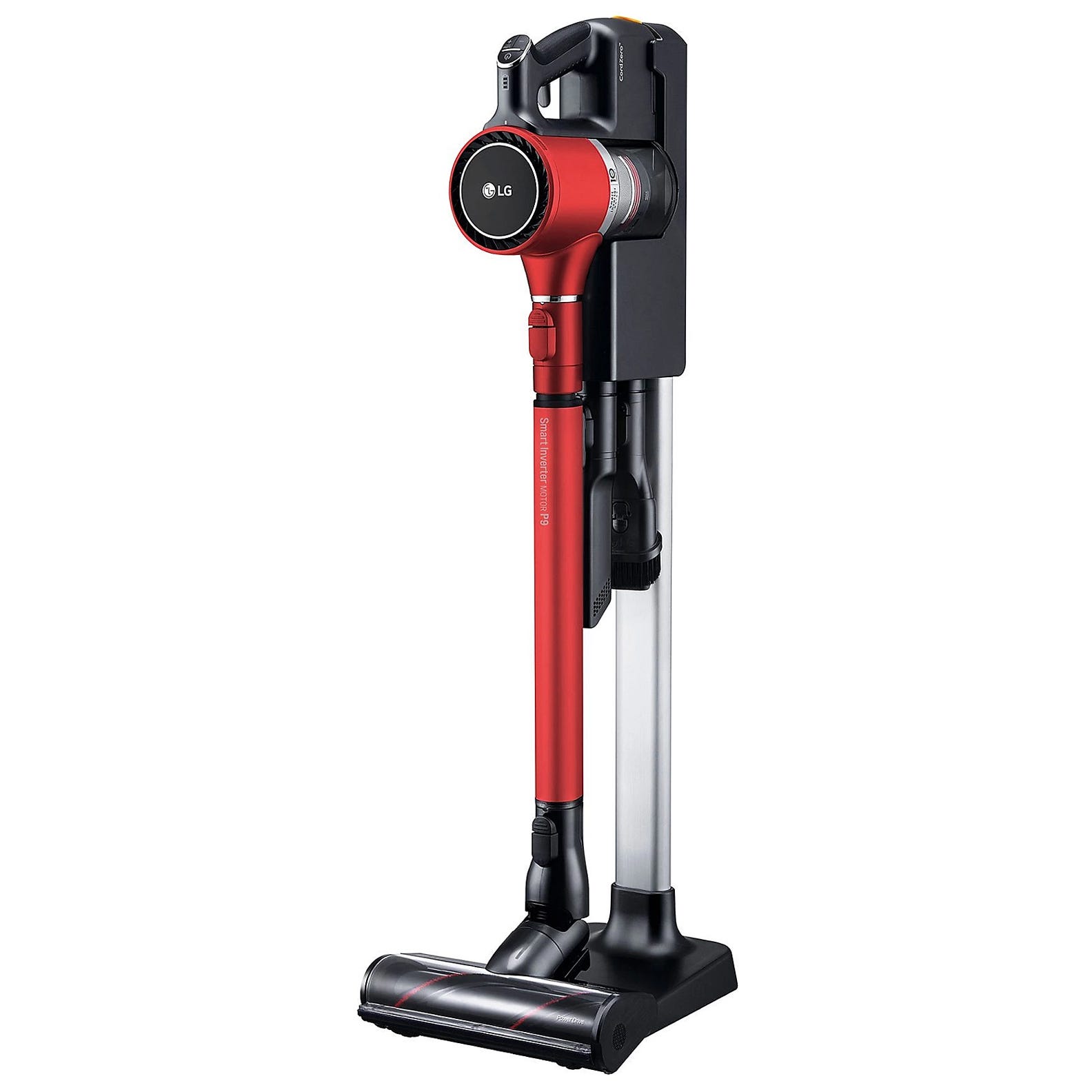 LG cordless stick vacuum cleaner in red, featuring a charging and docking station.