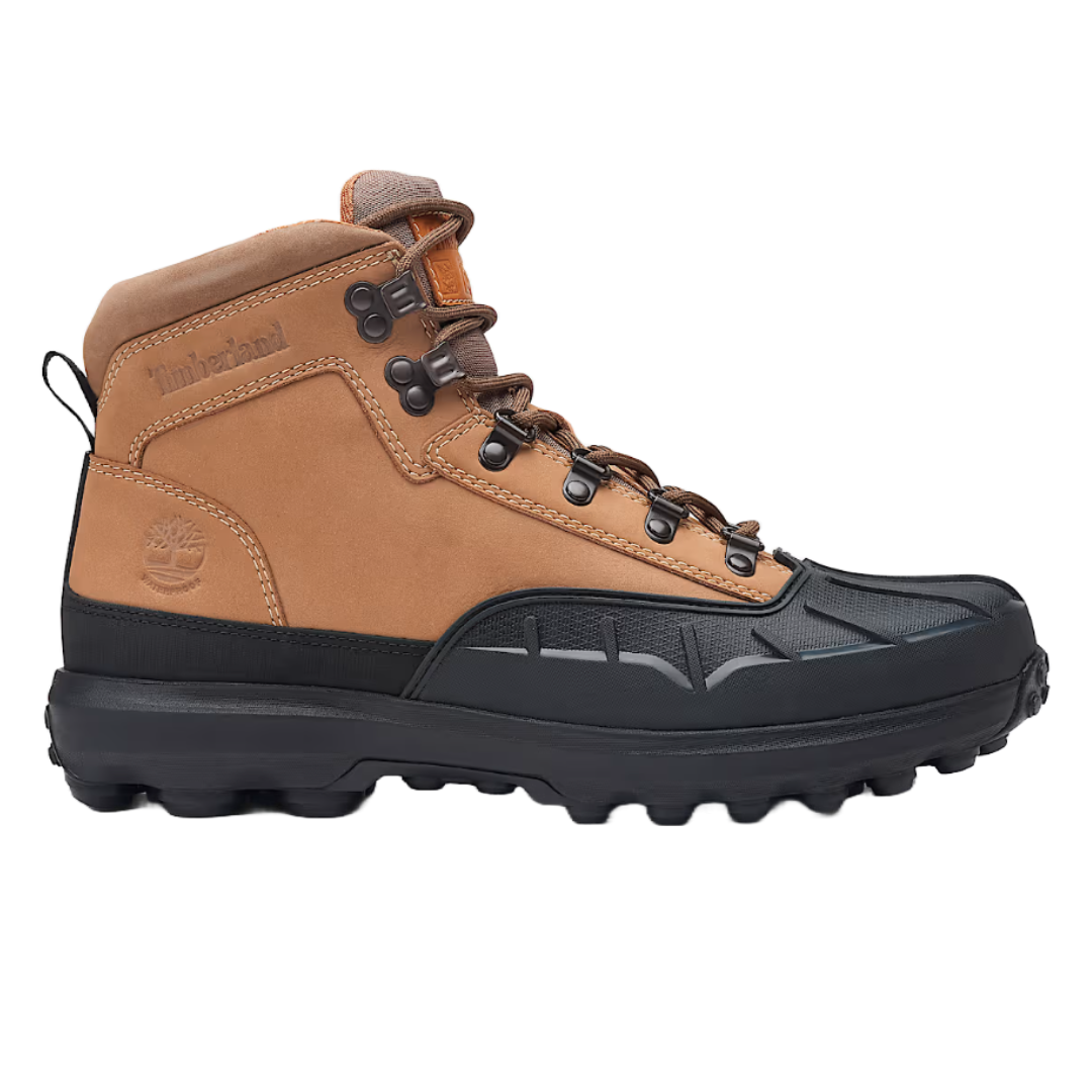 Timberland Converge Waterproof Boots feature a brown leather upper with black rubber outsoles and toe protection. They have durable metal eyelets and a lugged sole designed for traction and support.