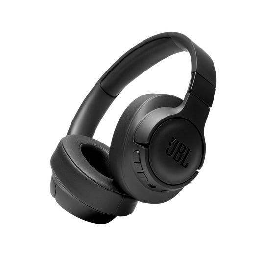 Black over-ear JBL Tune wireless headphones with cushioned ear pads and a padded adjustable headband, featuring built-in controls on the ear cup.