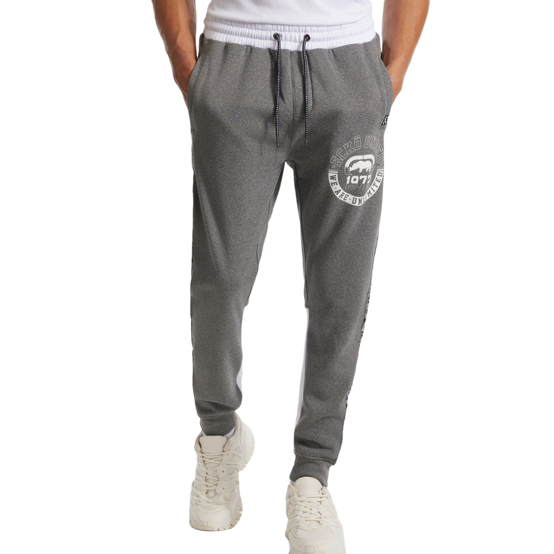 Gray Ecko Unlimited Vibe Block Joggers with a drawstring waist, featuring logo detailing on the left thigh. Pair with white sneakers and a plain t-shirt for a casual look.