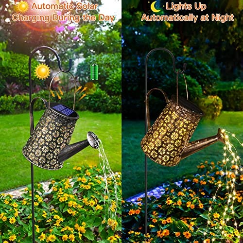 A solar-powered watering can decoration with a patterned design emits a cascade of LED lights, depicted in daylight and glowing at night.