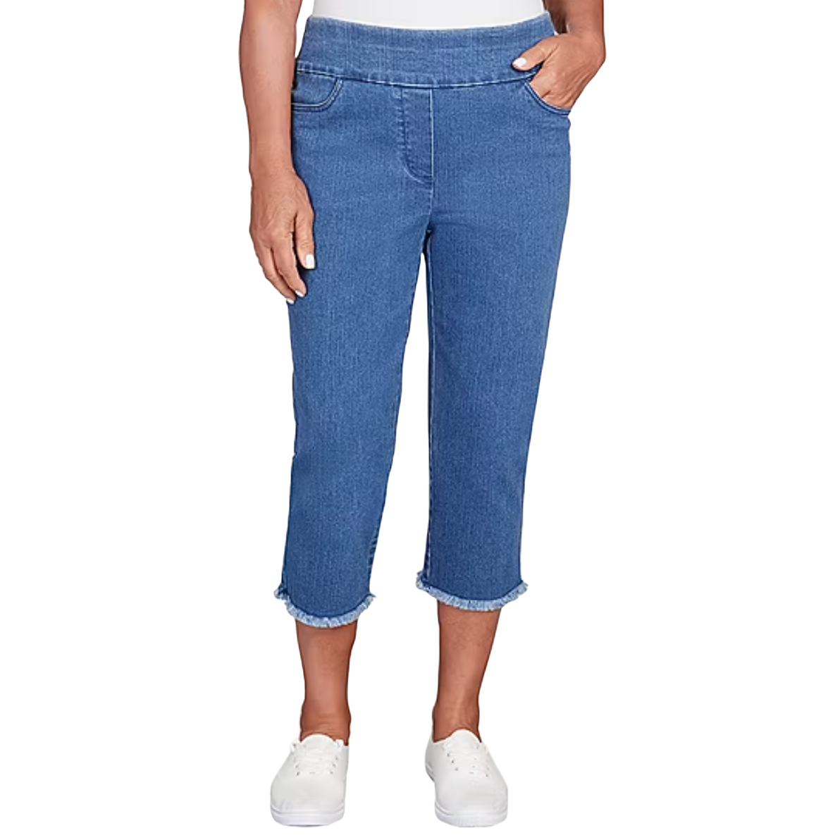 Alfred Dunner Denim Capri Pants feature a pull-on style with an elastic waistband, straight-leg cut, and frayed hem, offering a comfortable and casual look.