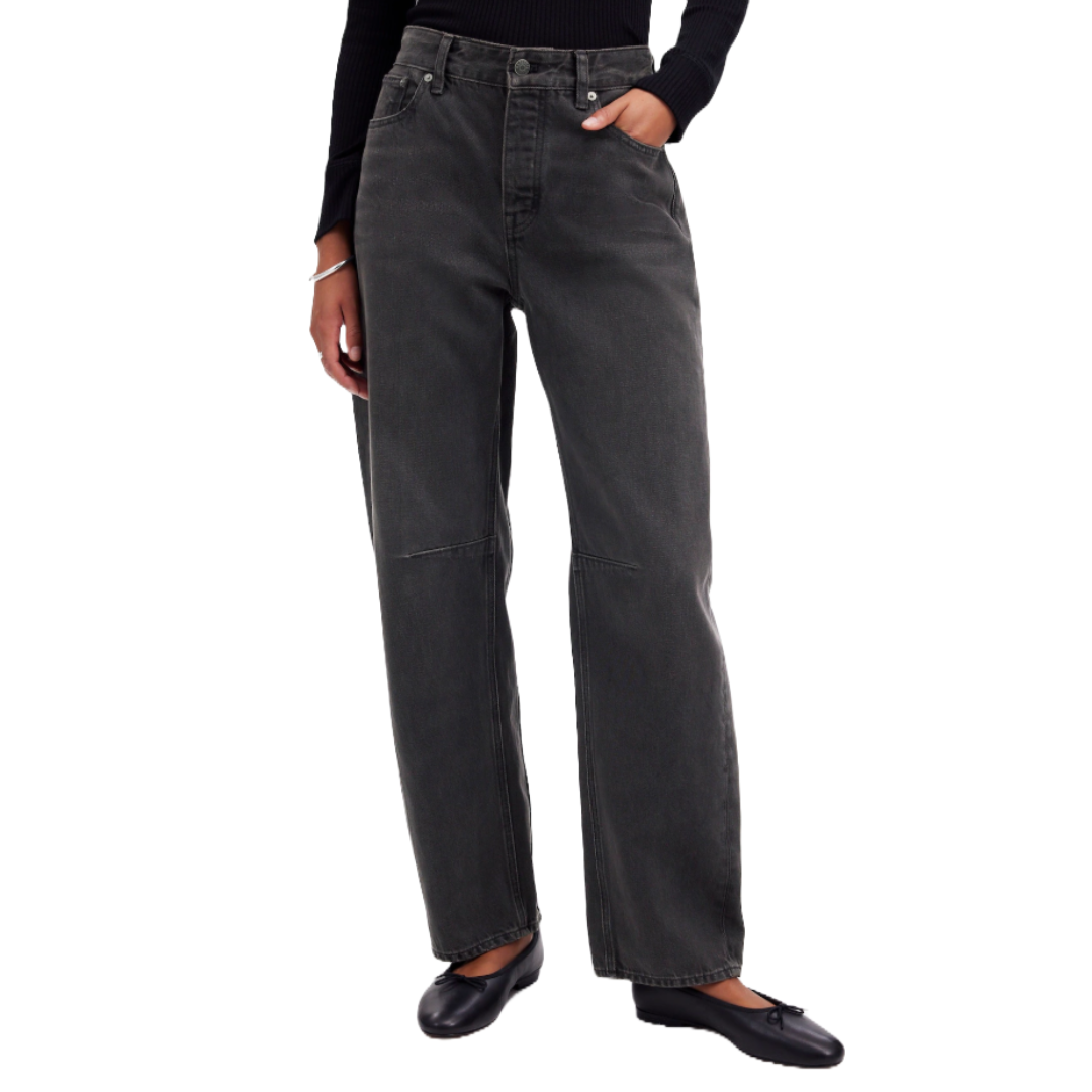 Madewell Barrel Leg Jeans are high-waisted with a relaxed fit, featuring a subtle washed black color, wide legs, and front patch details.